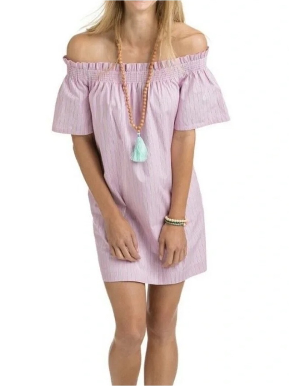 Vineyard Vines Pink Striped Off Shoulder Mini Shift Dress Coastal Summer